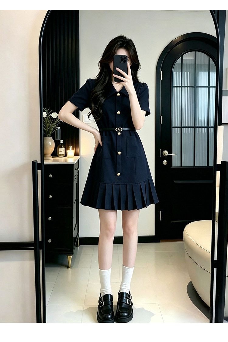 Váy ngắn tay kiểu Pháp xếp nếp thắt eo chữ A — Màu xanh da trời (thắt lưng) chi tiết 10