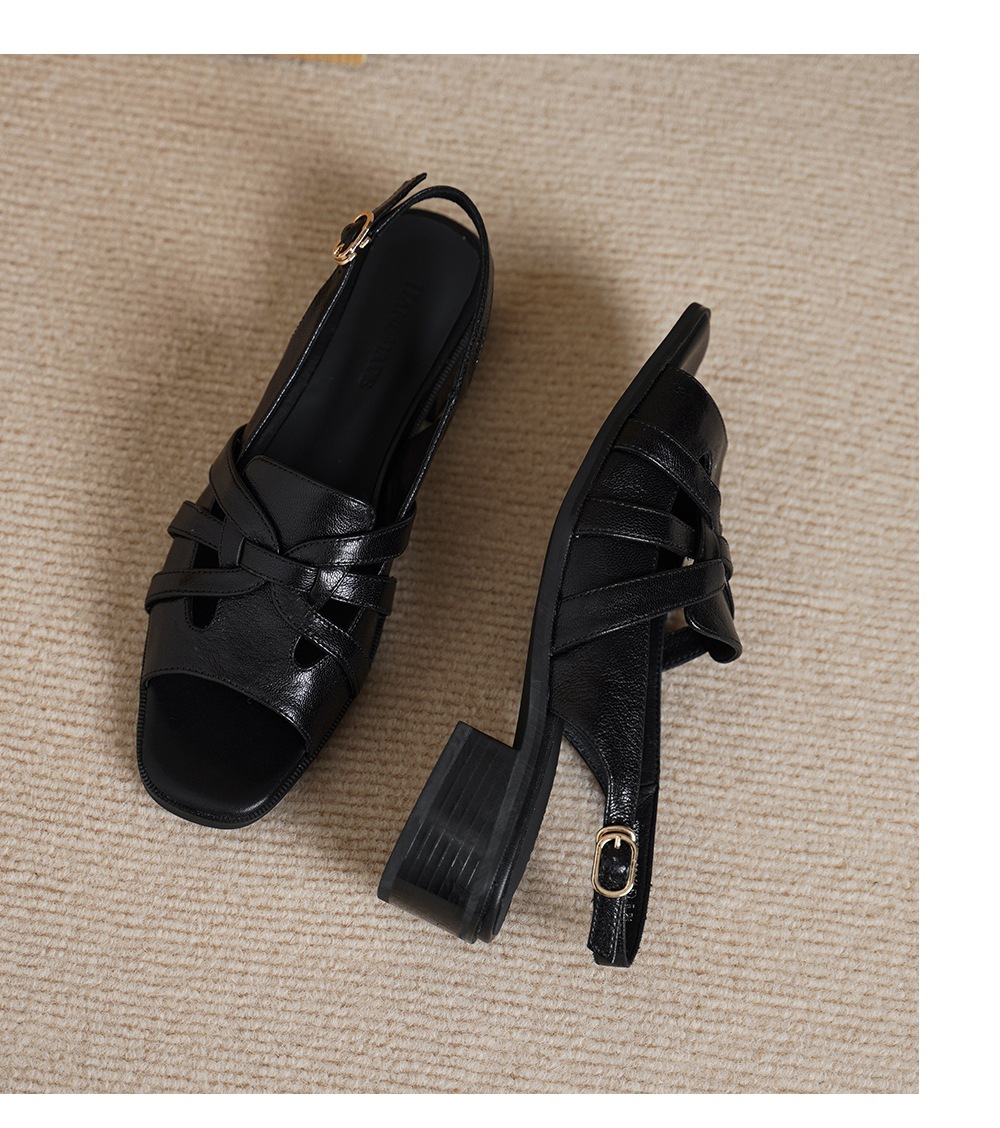 Sandal nữ hở mũi da cừu gót thô phong cách La Mã quai chữ T — đen chi tiết 14