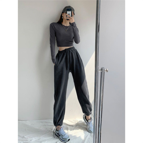 Black and Grey Ankle Pants for Women - Spring and Autumn  New Casual Sweatpants Loose Leggings for Petite Women with Drawstring and Harlon Design