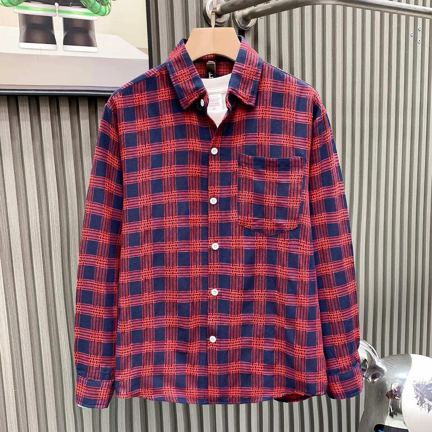 Lässiges Herren-Langarmhemd mit Karomuster – Japanisch inspiriertes, lockeres Hemd mit Knopfleiste (Grau/Blau/Rot, M-XXXL)_voghion.com