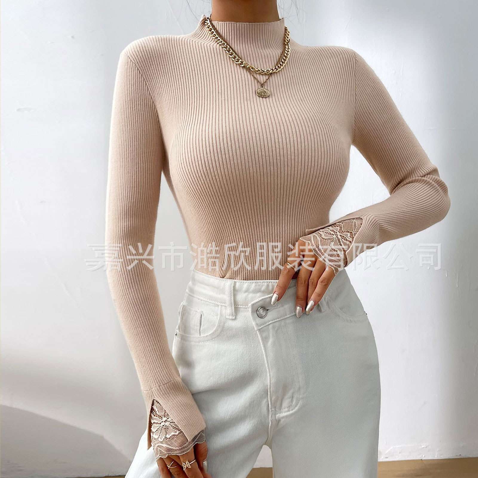 Autumn and winter women's half turtleneck lace slim fit inner sweater new European and American versatile bottoming knitted top