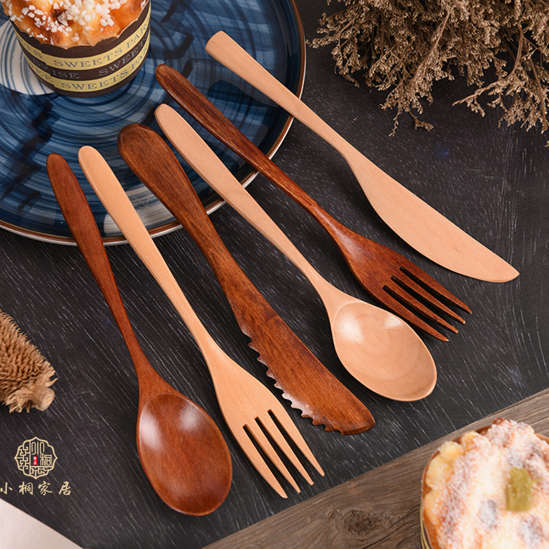 Wholesale wooden knife, fork and spoon set outdoor portable tableware knife, fork and spoon three-piece set student children's tableware set