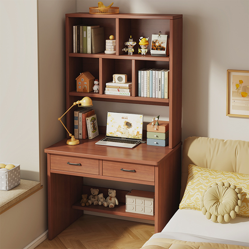 Solid Wood Core Desk and Bookshelf Integrated Table for Bedroom, Home Use, Student Writing Desk, Small Apartment Office Desk, Small Computer Desk