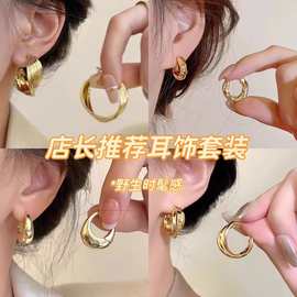 港风复古金属圈圈耳环秋冬高级感组合套装耳圈女轻奢法式气质耳饰