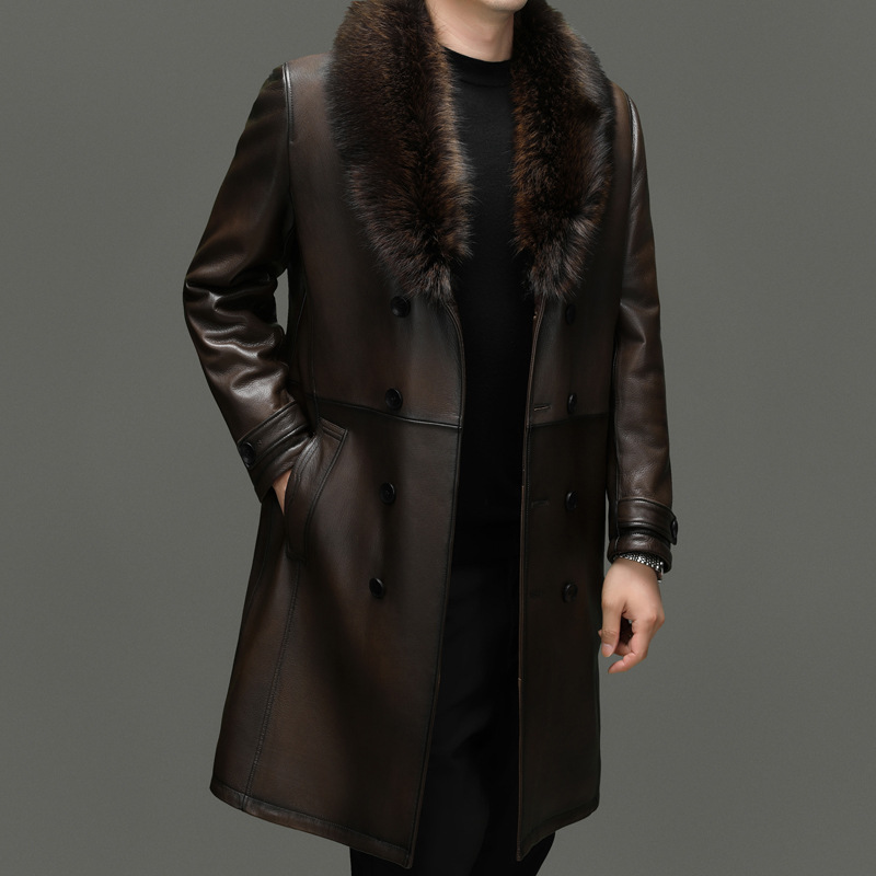 海宁山羊皮真皮衣男士貂内胆派克服中长款皮毛一体水貂皮大衣潮流