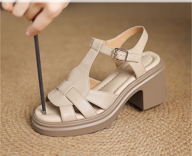 Sandal nữ mũi vuông hở mũi da cừu gót vuông cao 9 cm quai chữ T kiểu La Mã — đen chi tiết 1