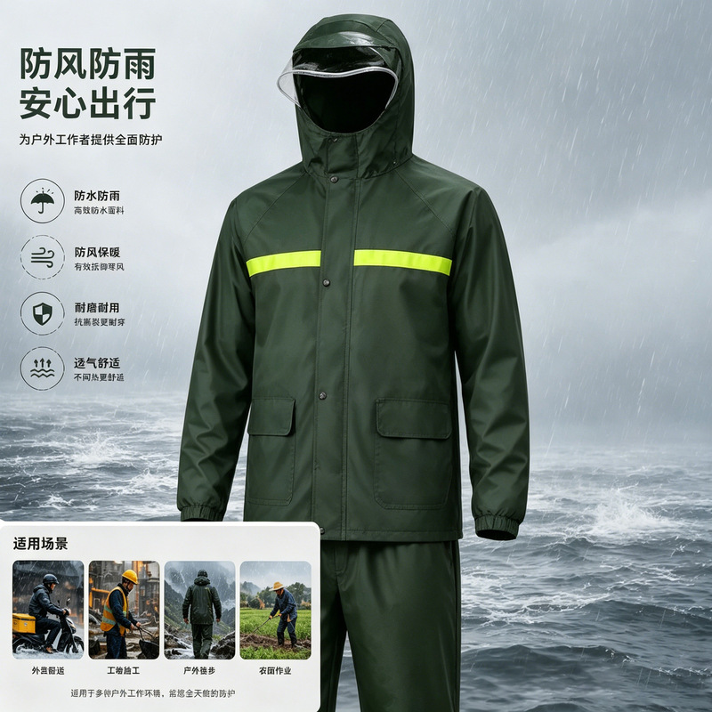 Men's Two-Piece Raincoat Set for Cycling and Delivery Riders, Separate Raincoat and Rain Pants, Full-Body Storm-Proof Rainwear