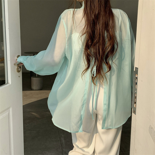 Ice Silk Open Cardigan for Petite Women - Loose, Lightweight, Long-Sleeved Sun Protective Shirt with Summer Design, Back Split Collar Top