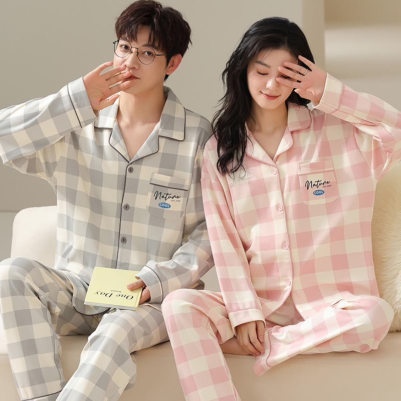 100% algodón primavera pareja pijamas hombres y mujeres Otoño e Invierno nueva chaqueta a cuadros manga larga traje casual desgaste del hogar