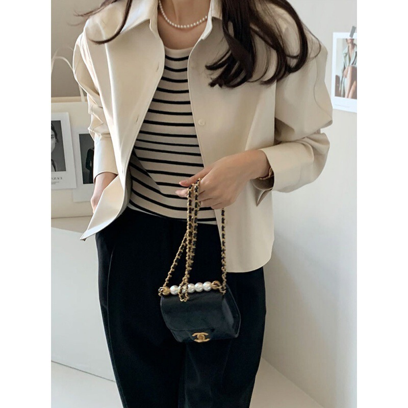 Motorcycle leather short coat jacket 2023 Korean autumn New Elegant simple style design sense niche pu top