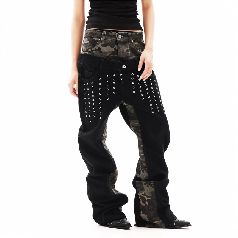 Cross-border retro camouflage patchwork double-waist jeans for men, street style, metal eyelet detailing, layered wide-leg pants, designer long pants