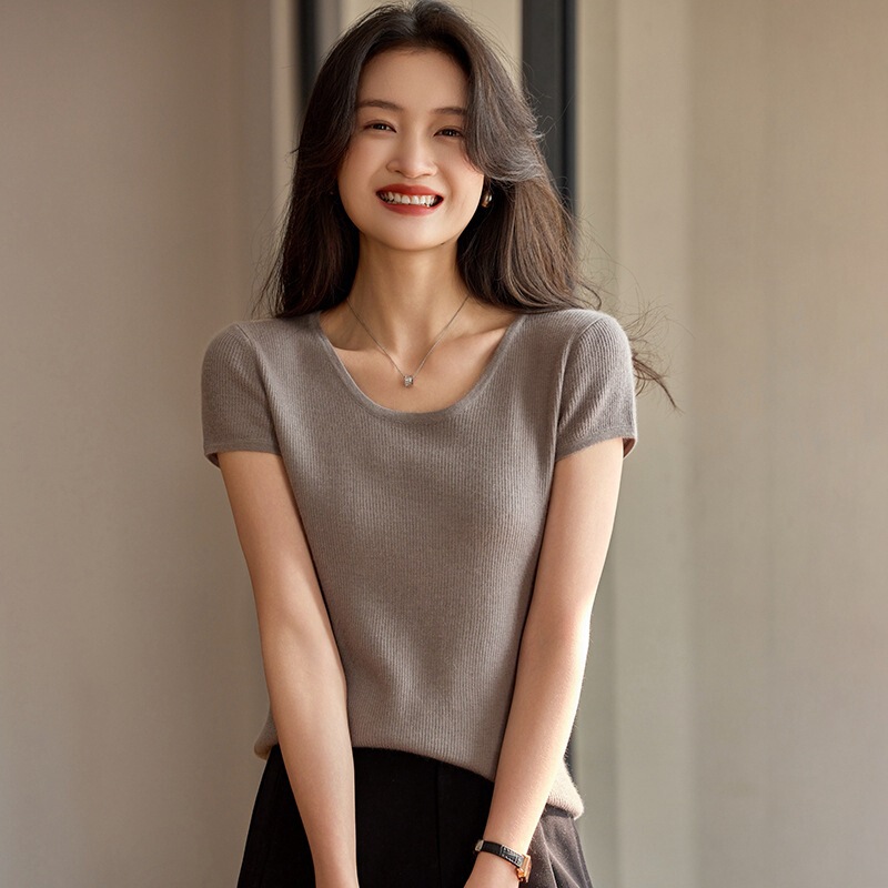 Wholesale 68-Count Worsted 100% Cashmere Small Flying Sleeve Top with High Elastic Short Sleeves Slimming Look U-Neck Half-Sleeved Spring and Summer