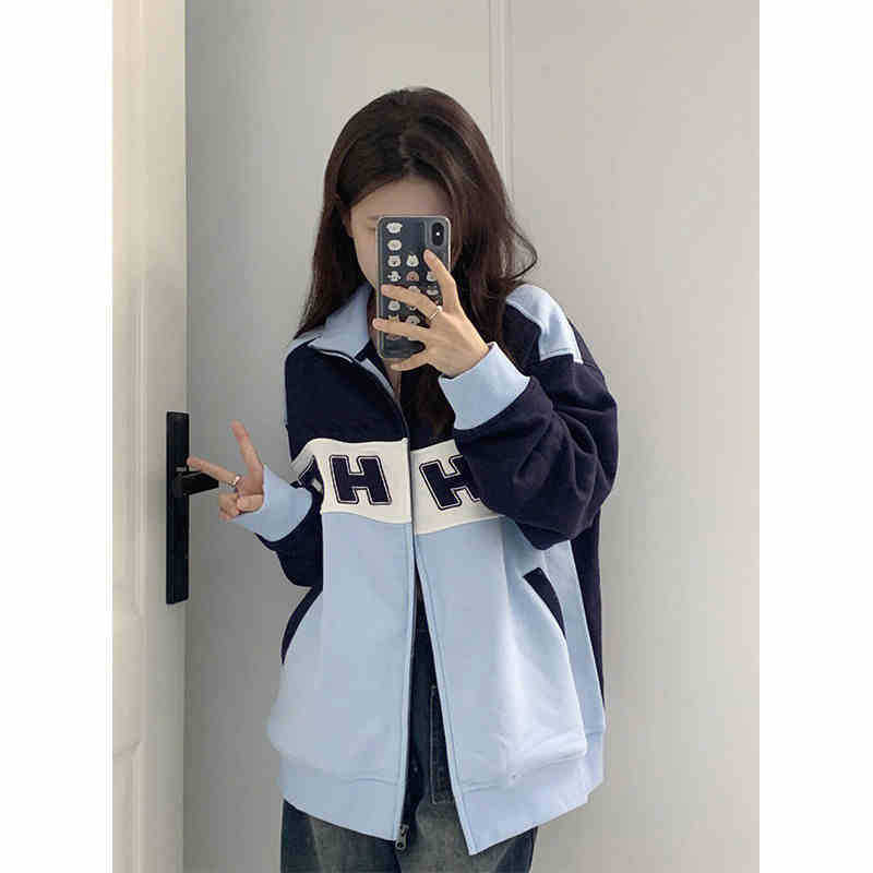 春秋薄款小众撞色oversize卫衣女小个子开衫拉链美式复古慵懒外套|undefined