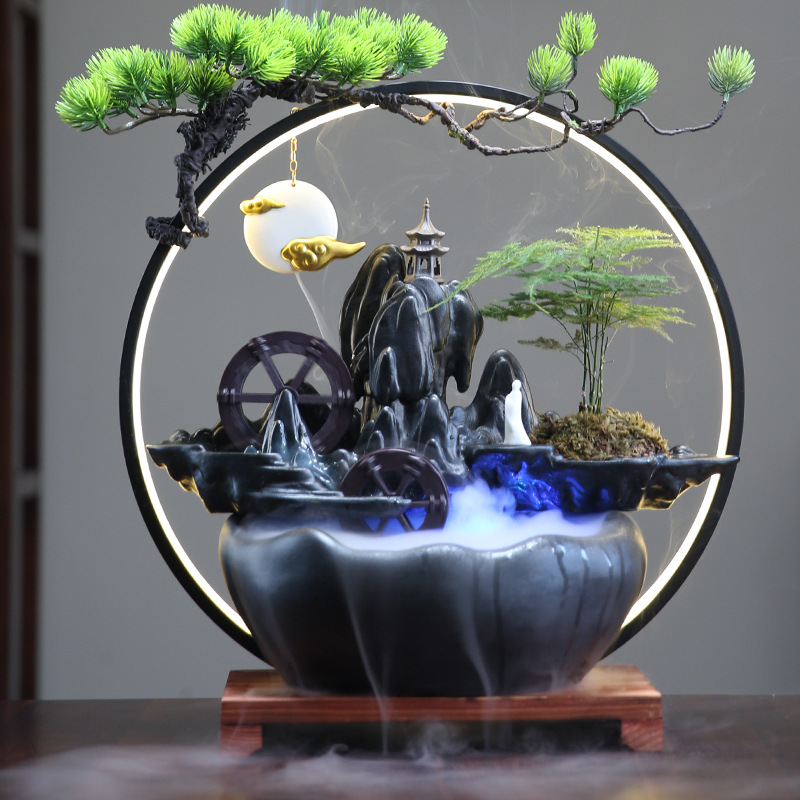 新中式陶瓷流水摆件循环水车办公室招财客厅加湿假山喷泉茶桌造景