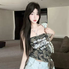 18YX9889欧美2026跨境外贸辣妹风迷彩字母印花飘带修身抹胸上衣