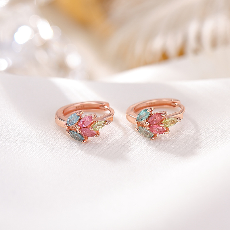 Bông tai stud bạc S925 mạ hồng vàng đính đá bích tỉ hình hạt lúa mạch — Một đôi (Bích Tỉ màu sắc ngẫu nhiên)