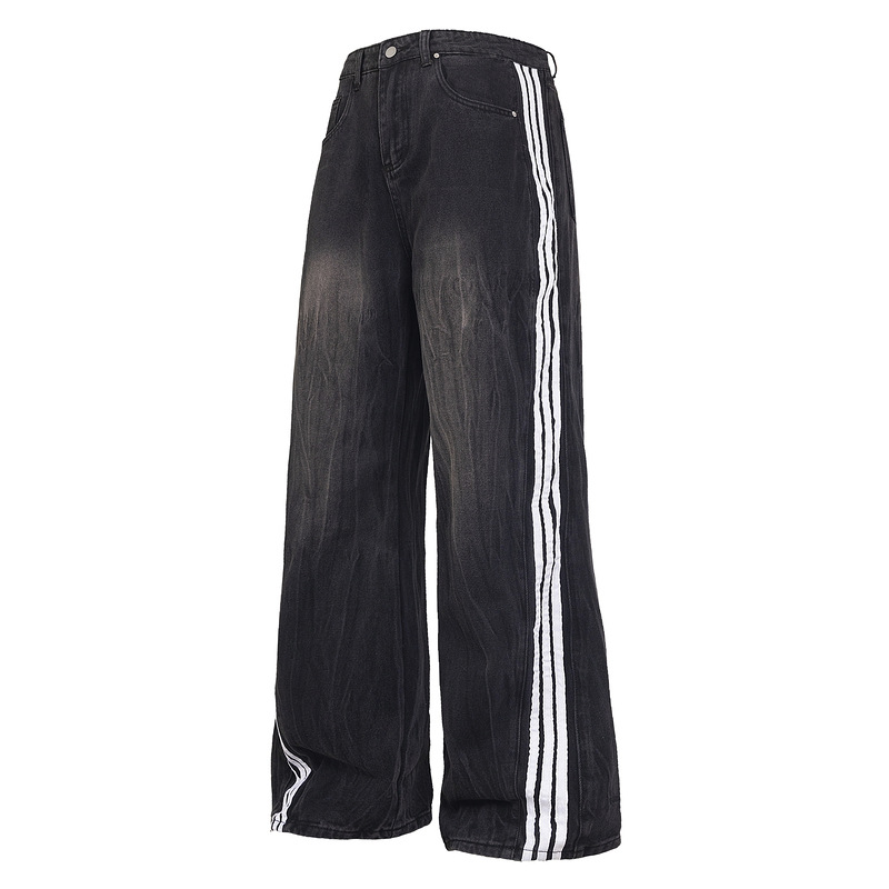 Striped Side Triple Bar Jeans Unisex Loose Washed Straight High Street Fashionable American Style oversize Trousers