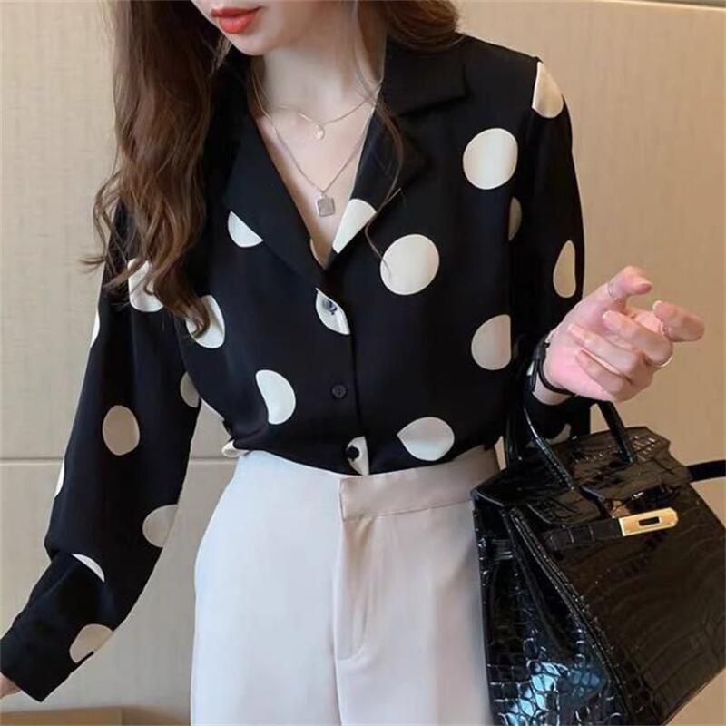 Spring and Autumn Polka Dot Shirt for Women, Spring Style Hong Kong Style Retro Top, Light and Mature Shirt, Trendy Bottoming Shirt