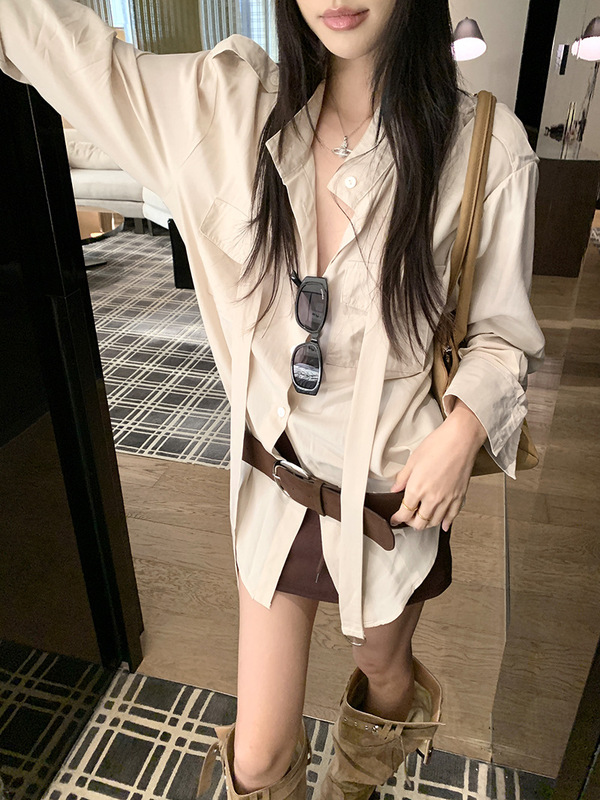 设计感飘带宽松长袖衬衫女装2025秋季新款小众宽松显瘦中长款上衣|undefined