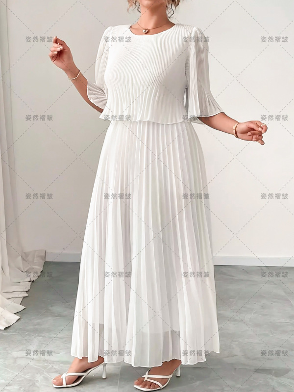 欧美度假风白色连衣裙夏长款气质百搭女装高级感三宅褶皱衣服批发|undefined
