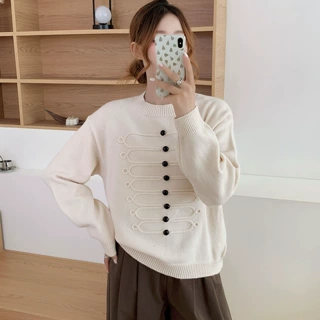 跨境外贸秋冬新款中式复古立体盘绳针织套头衫女宽松圆领软糯毛衣