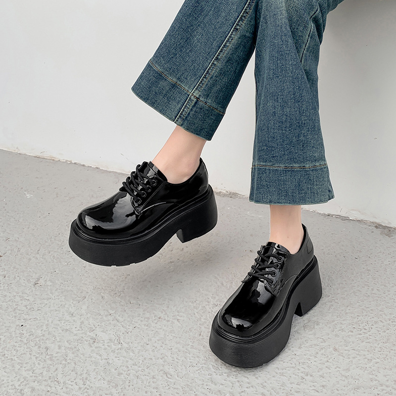 College style single 2024 Spring New Cow patent sponge cake thick sole small leather for women's height increase Lefu_voghion.com