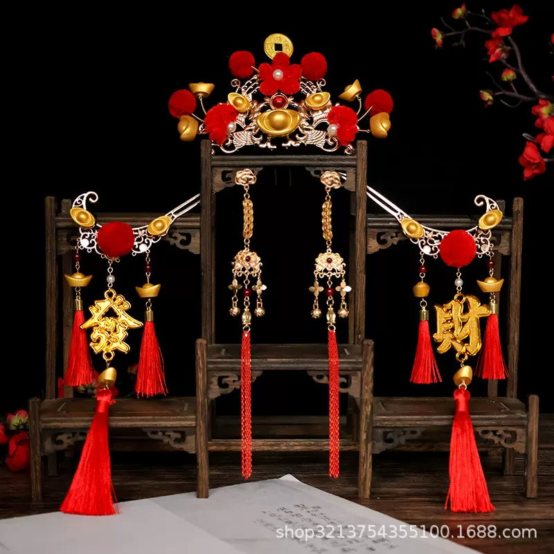 国潮古风红色喜庆元宝发饰古装汉服小财神妆造发冠长流苏头饰套装