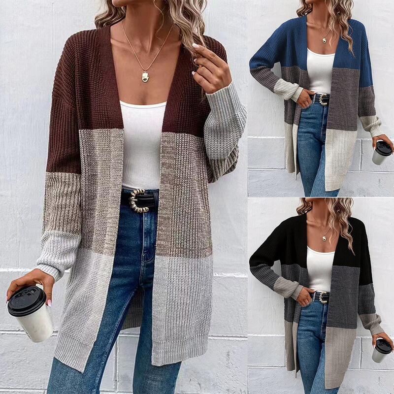 [Special Offer] Cross-Border Knitted Women's Clothing Autumn New Fashion Retro Casual Long Sleeve Color Block Mid-Length Women's Cardigan
