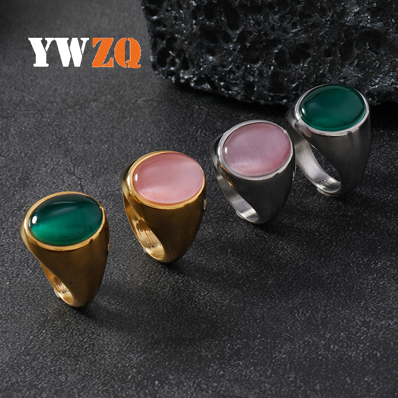Anillo de piedra de ojo de gato transfronterizo de Europa y Estados Unidos simple elíptico de atmósfera gemia anillo de acero de titanio joyas de fundición de acero inoxidable