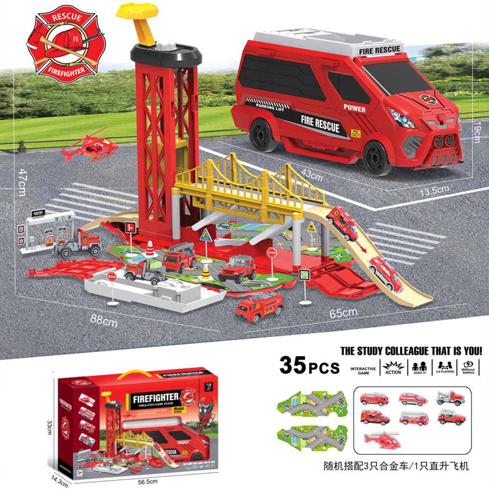 Deformation container truck parking lot track model fire fighting suit large city children's toys with alloy car