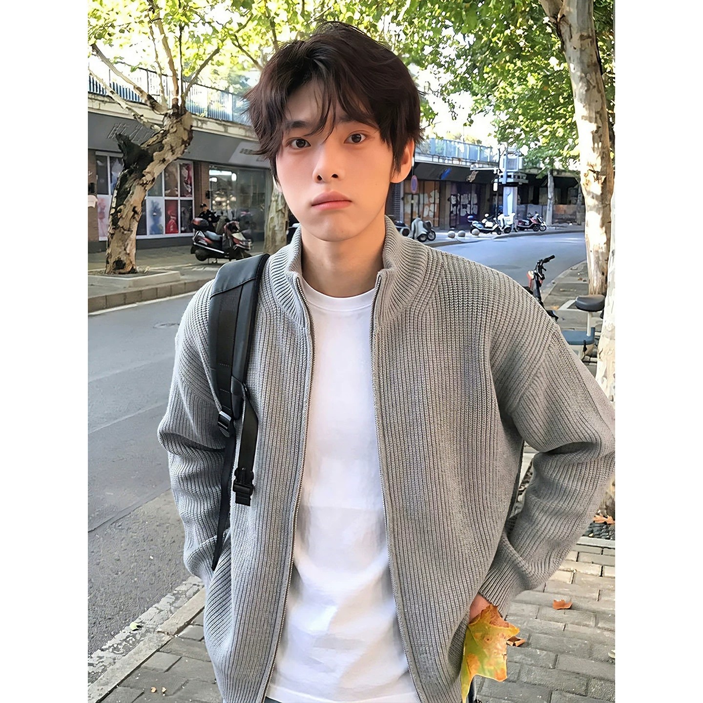 春秋新款竖坑条立领拉链针织开衫复古轻熟cleanfit风休闲毛衣外套