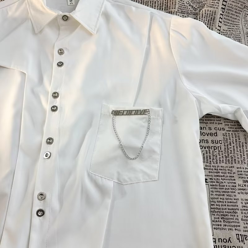 Erkek Zincir Detaylı Uzun Kollu Sokak Giyimi Gömlek Büyük Boy Düğmeli, Çıkarılabilir Aksesuarlı Gömlek (Siyah/Beyaz, M-3XL)_voghion.com