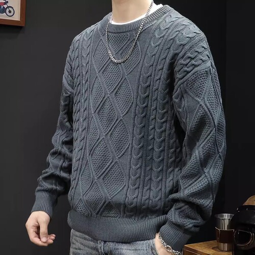Chic Brand Heavyweight Autumn/Winter Solid Color Retro Cable Knit Men's Loose Cool Casual Crew Neck Sweater