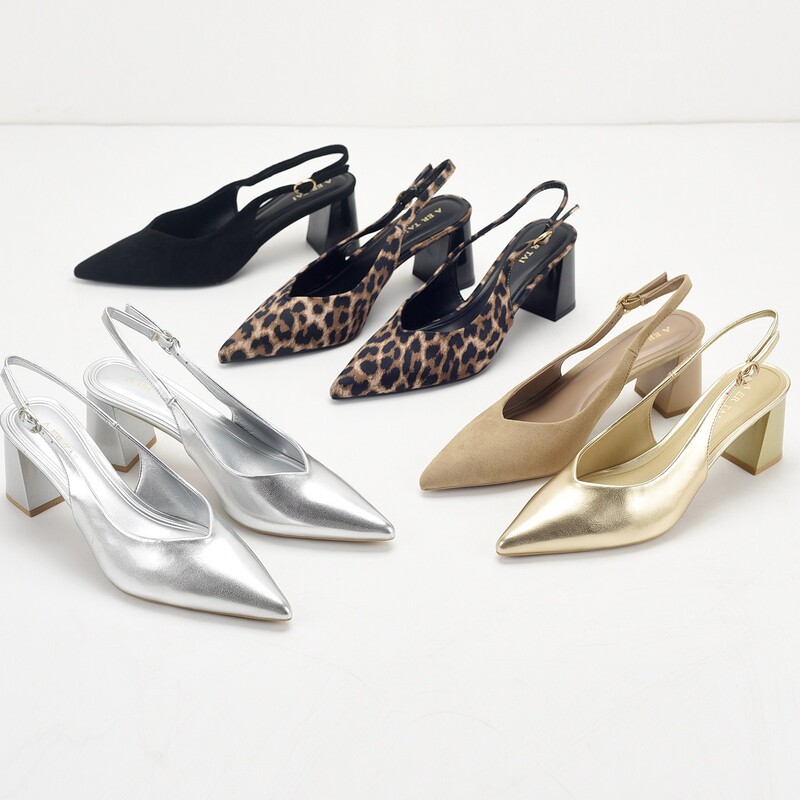 European Export Original Large Size Pointed Toe Leopard Print Shallow V-Cut Chunky Heel High Heel Gold and Silver Color Closed Toe Backless Women's Shoes European Export Original Large Size Pointed Toe Leopard Print Shallow V-Cut Chunky Heel High Heel Gold and Silver Color Closed Toe Backless Women's Shoes