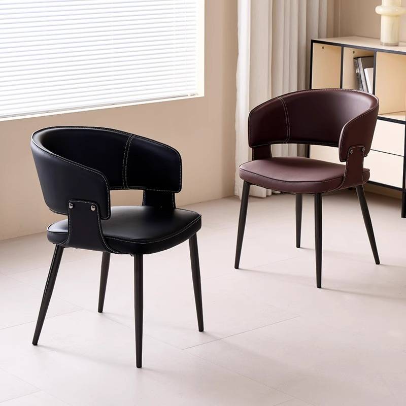 Silla de comedor para el hogar de cuero minimalista de estilo italiano, moderna, de lujo ligero, con apoyabrazos, diseño de respaldo, silla de comedor de alta gama