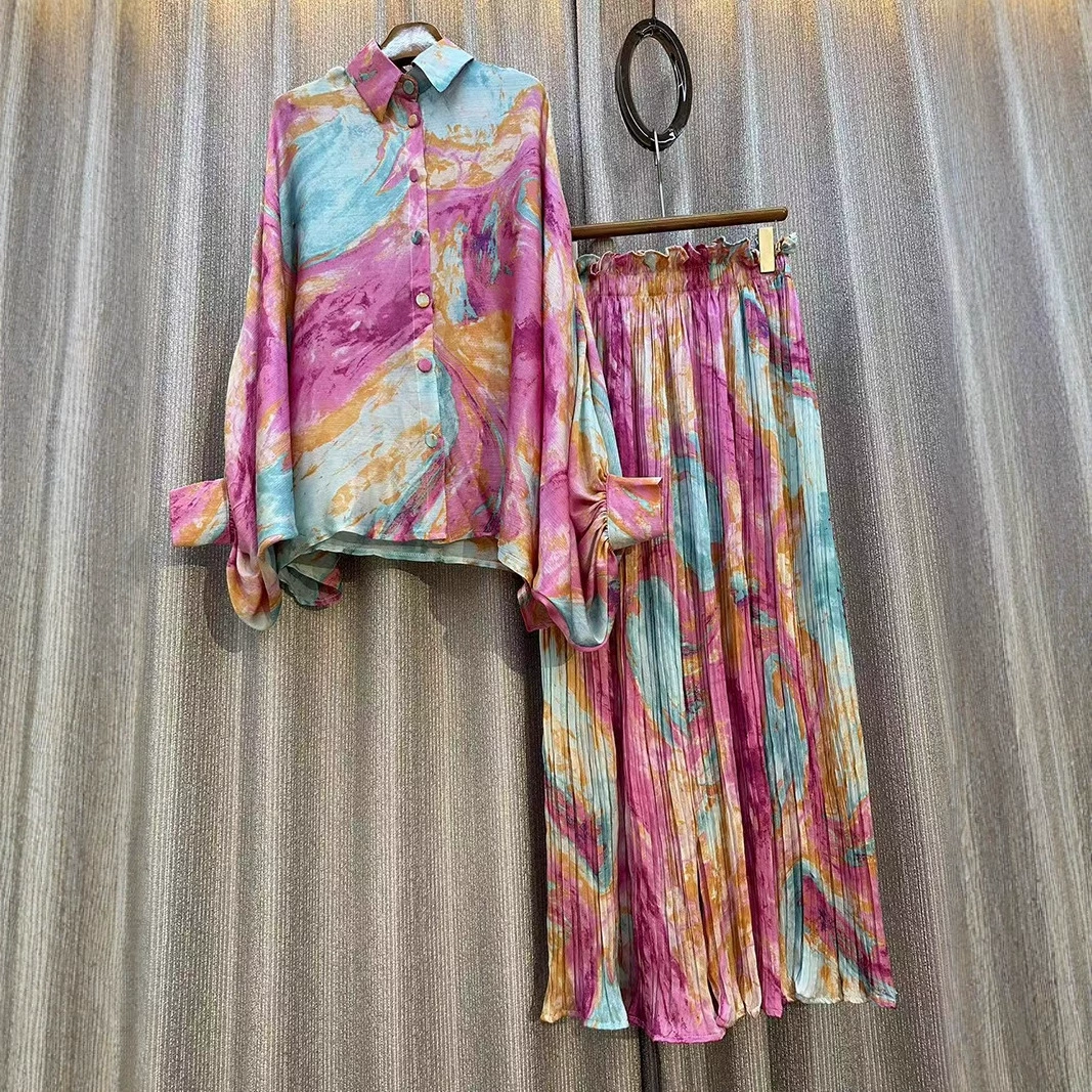 Модный костюм Женская европейская и американская свободная рубашка с рукавами фонаря с принтом из двух частей повседневные плиссированные широкие брюки с высокой талией весной