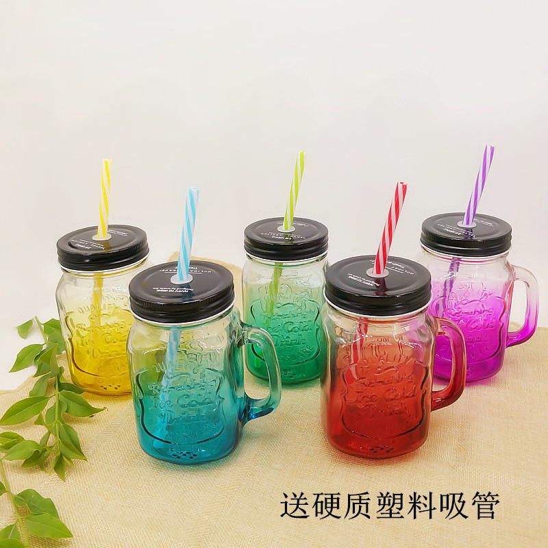 彩色玻璃水杯定 制奶茶把手杯创意公鸡杯玻璃杯梅森杯渐变吸管杯