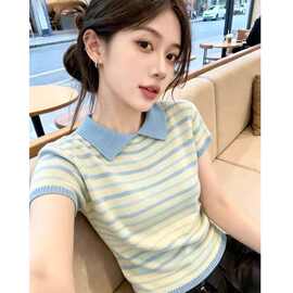 韩系蓝色条纹翻领正肩短袖针织衫女夏季薄款小个子修身显瘦上衣