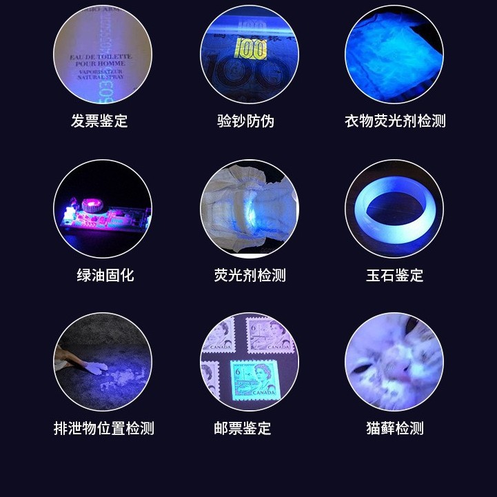 UV púrpura linterna USB recargable 365nm UV foco fijo linterna anti-falsificación detector de dinero fluorescente lámpara de detección de agente