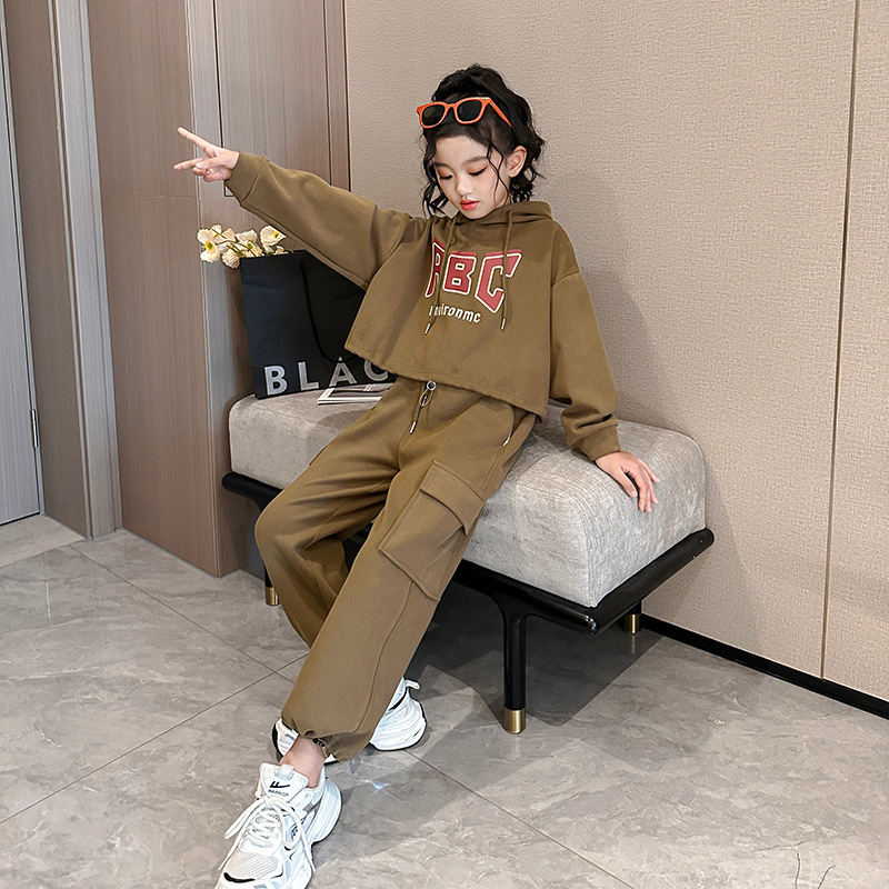 Girls Autumn Long Sleeved Hooded Sweatshirt And Cargo Pants Set_voghion.com