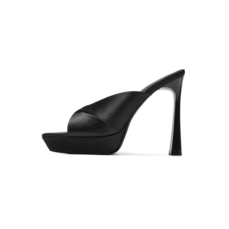 Sandal cao gót nữ mũi nhọn hở ngón, gót nhọn 9 cm, đế platform dày dáng — màu đen