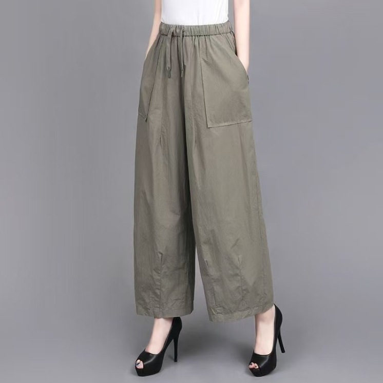 夏の女性用の薄いワイドレッグパンツ、新しいゆったりとした大きいサイズのハイウエスト痩身通気性のある9点パンツ、ファッショナブルなストレートカジュアルパンツ|undefined