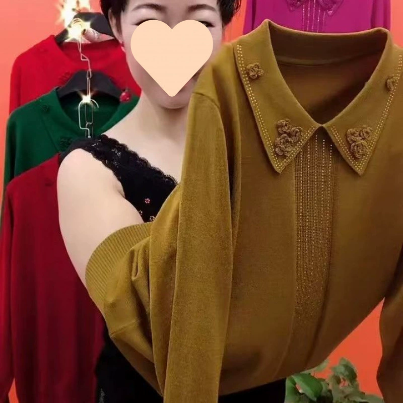 Модная женская весенняя рубашка среднего и пожилого возраста 2025 года, новая стильная однотонная универсальная трикотажная рубашка свободного кроя со стразами, закрывающая тело.