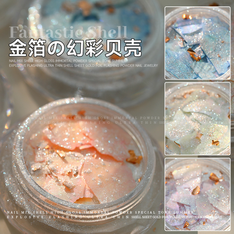 Mixed Nail Art Glitter with Aurora Iridescent Gold Foil, Irregular Ultra-Thin Shell Flakes, Nail Decorations, Glitter Powder