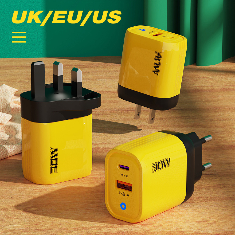 New PD30W Super Flash Charging LED light European and American British standard mobile phone charger for Apple Huawei Xiaomi Samsung