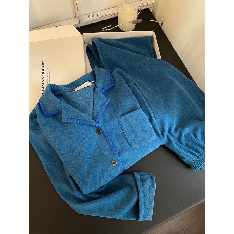 Korean Style Simple Blue Velvet Brushed Pajamas for Women Winter 2025 New Pants Suit Home Clothes Can Be Worn Outside