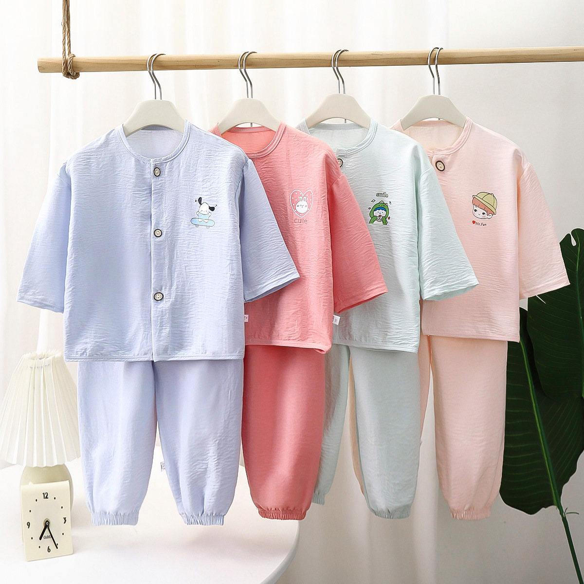 Children's Home Clothes suit Summer Boys and Girls Cardigan suit Thin Baby Casual Air-conditioning Clothes Nine-point Home