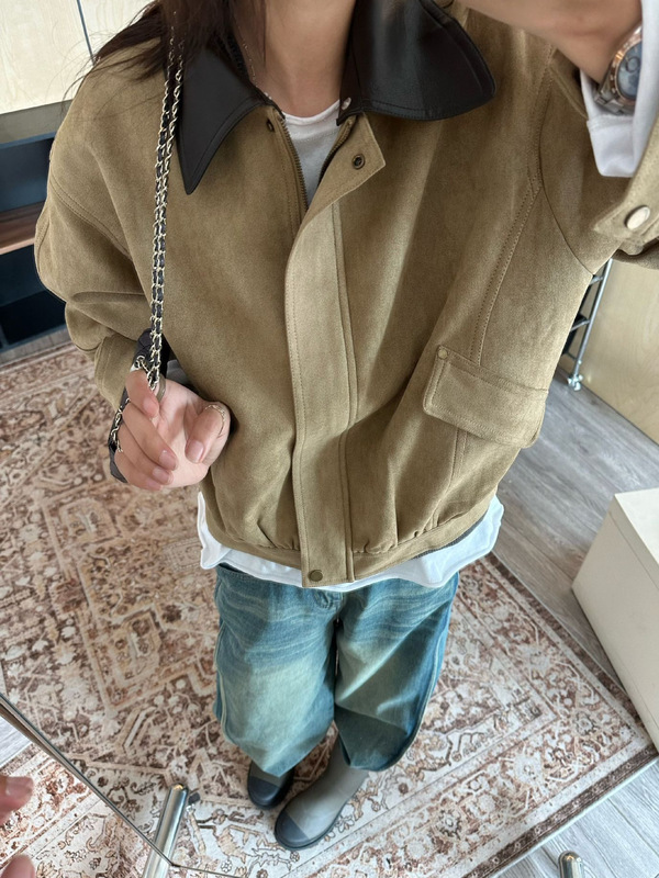 美式复古巴恩风经典翻领麂皮绒拼皮领子休闲夹克外套秋装新款批发|undefined