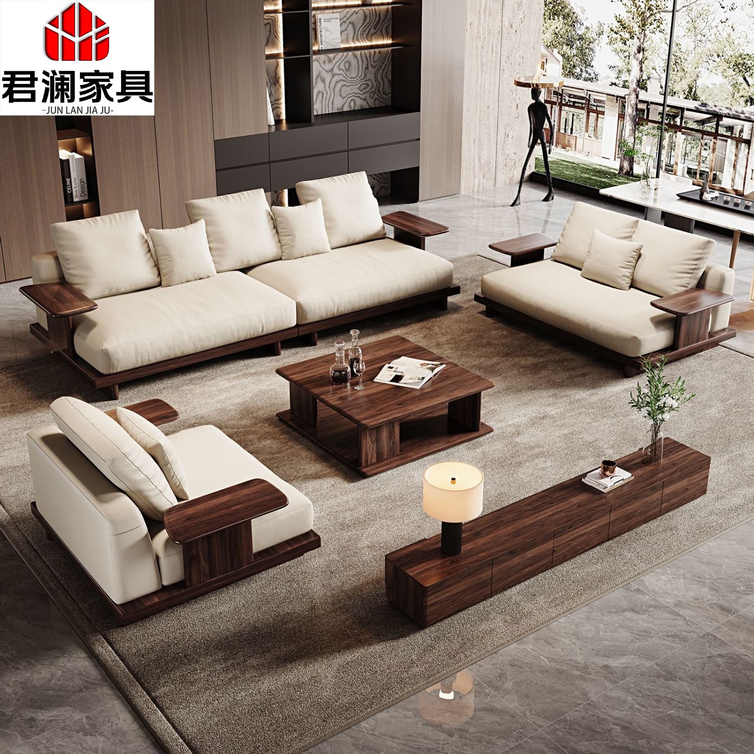 Song-Style Aesthetic Black Walnut Solid Wood Sofa, New Chinese-Style Living Room, Modern Minimalist Home Use, Large Seat Depth Straight-Row Sofa