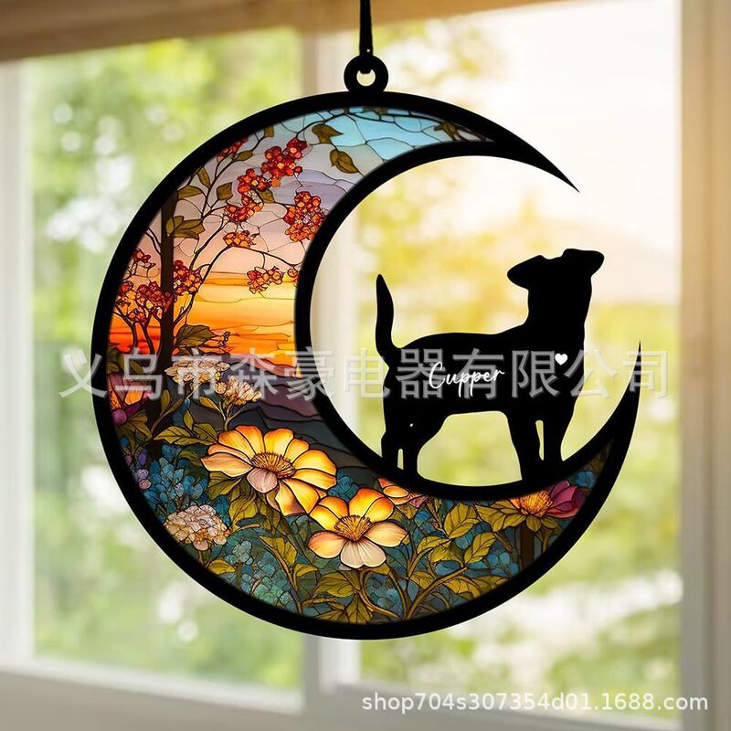 Colorful glass personalized Moon dog cat window hanging commemorative gift Halloween Christmas decoration